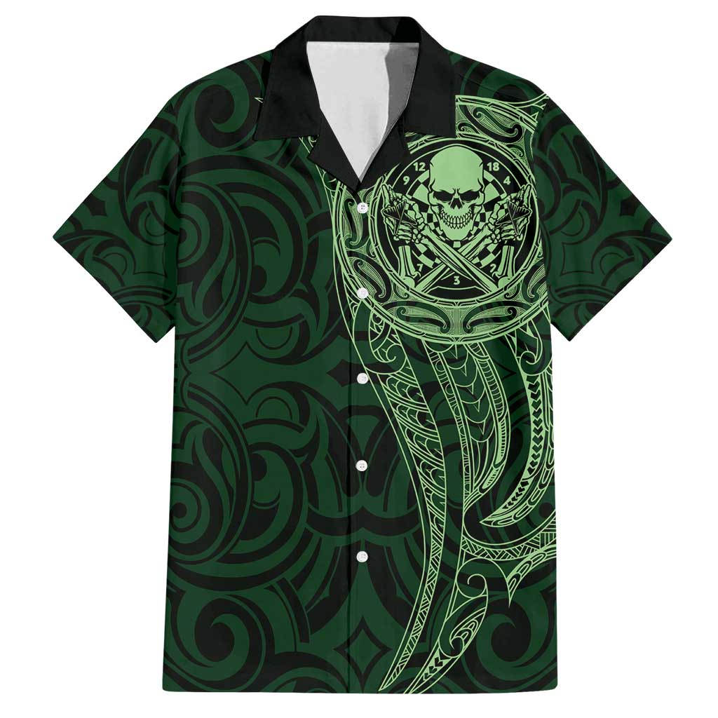 New Zealand Skull Darts Family Matching Off Shoulder Maxi Dress and Hawaiian Shirt Aotearoa Maori Chest Tattoo Stylized Green - Polynesian Pride