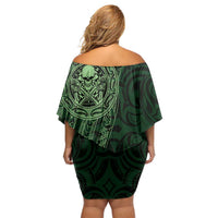New Zealand Skull Darts Family Matching Off Shoulder Short Dress and Hawaiian Shirt Aotearoa Maori Chest Tattoo Stylized Green - Polynesian Pride