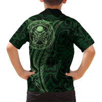 New Zealand Skull Darts Family Matching Short Sleeve Bodycon Dress and Hawaiian Shirt Aotearoa Maori Chest Tattoo Stylized Green LT14 - Polynesian Pride