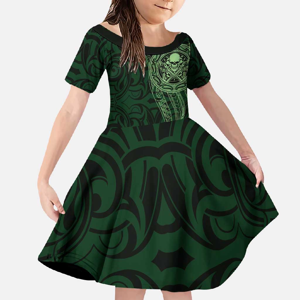 New Zealand Skull Darts Family Matching Short Sleeve Bodycon Dress and Hawaiian Shirt Aotearoa Maori Chest Tattoo Stylized Green LT14 Daughter's Dress Green - Polynesian Pride