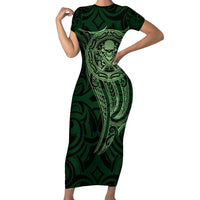 New Zealand Skull Darts Family Matching Short Sleeve Bodycon Dress and Hawaiian Shirt Aotearoa Maori Chest Tattoo Stylized Green LT14 Mom's Dress Green - Polynesian Pride