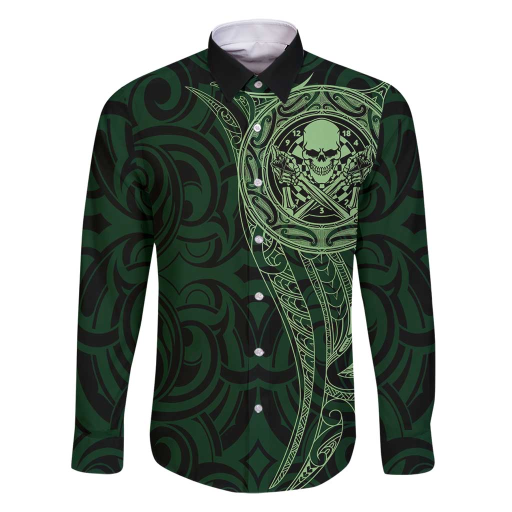New Zealand Skull Darts Family Matching Tank Maxi Dress and Hawaiian Shirt Aotearoa Maori Chest Tattoo Stylized Green - Polynesian Pride