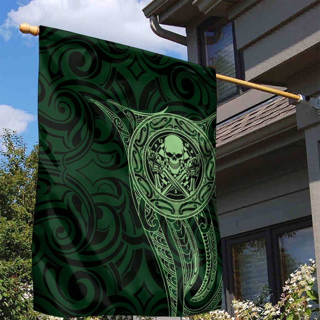 New Zealand Skull Darts Garden Flag Aotearoa Maori Chest Tattoo Stylized Green - Polynesian Pride