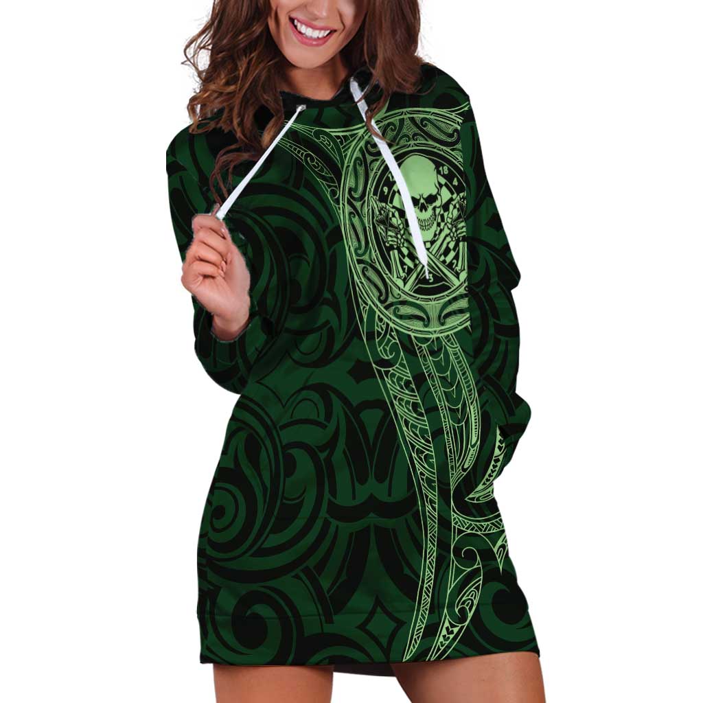 New Zealand Skull Darts Hoodie Dress Aotearoa Maori Chest Tattoo Stylized Green - Polynesian Pride