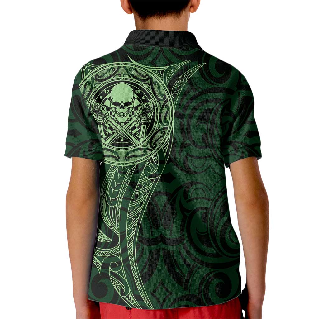 New Zealand Skull Darts Kid Polo Shirt Aotearoa Maori Chest Tattoo Stylized Green - Polynesian Pride