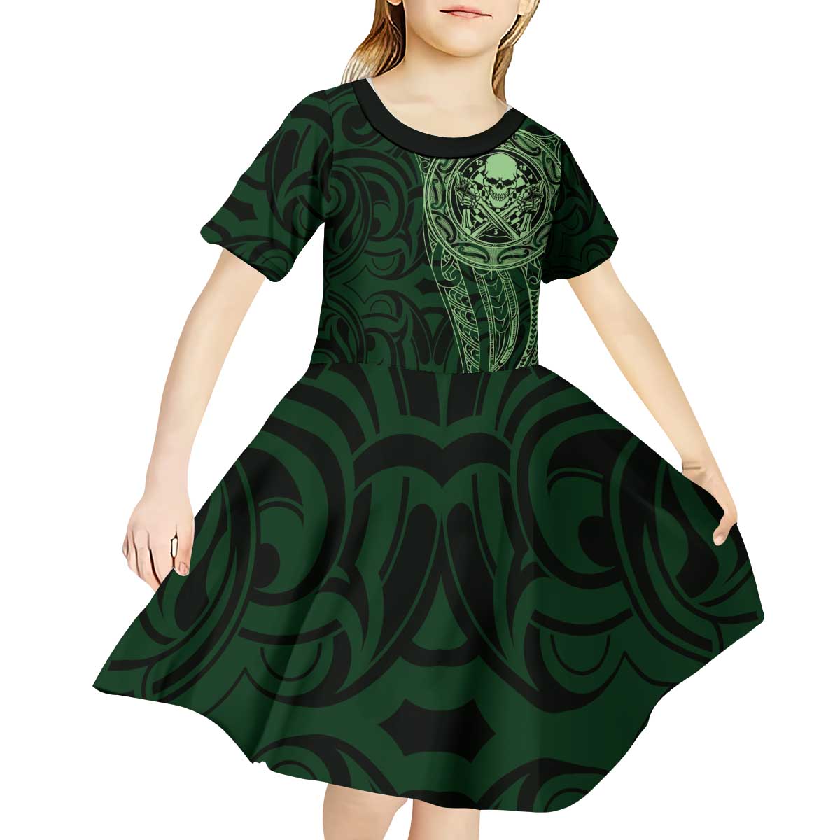 New Zealand Skull Darts Kid Short Sleeve Dress Aotearoa Maori Chest Tattoo Stylized Green - Polynesian Pride