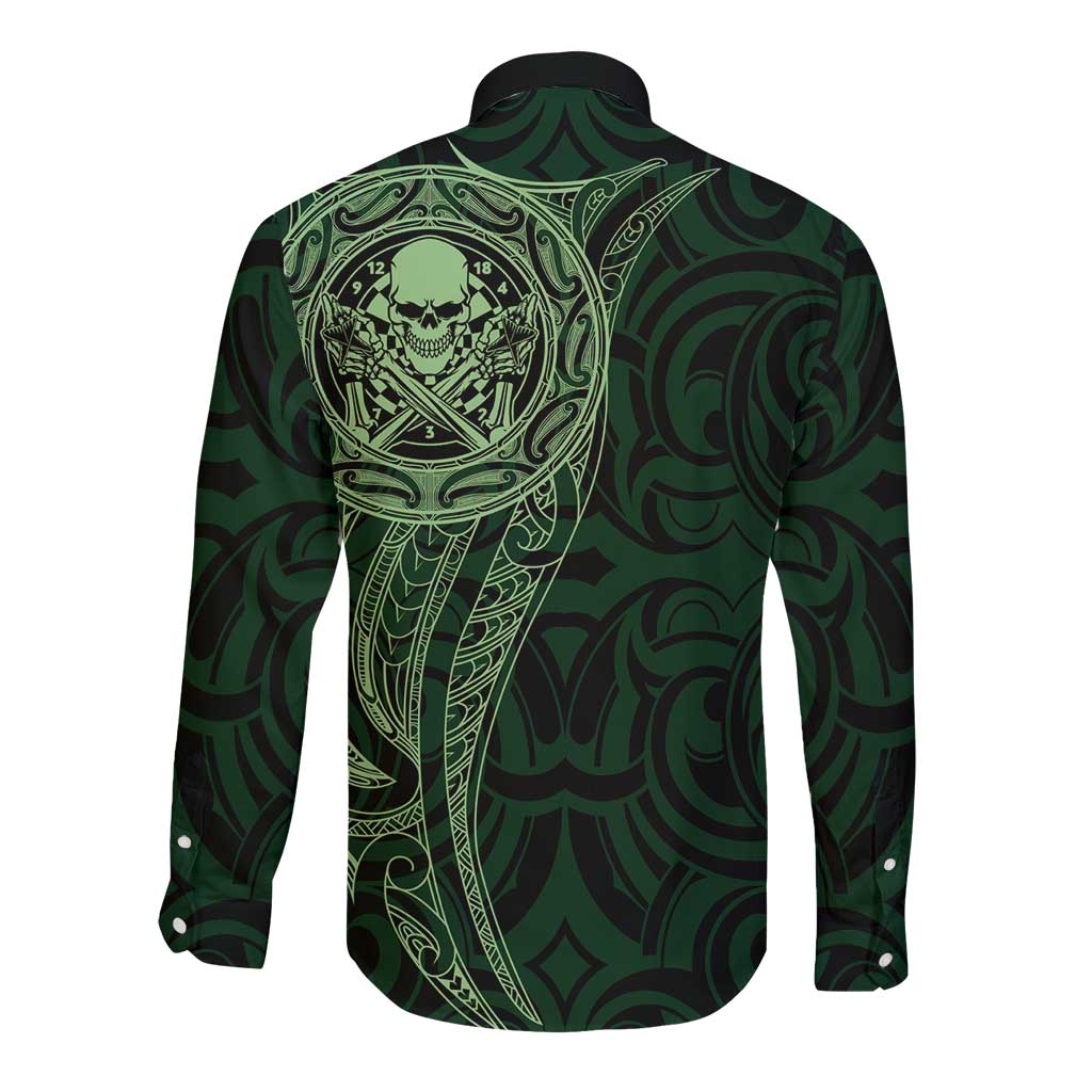 New Zealand Skull Darts Long Sleeve Button Shirt Aotearoa Maori Chest Tattoo Stylized Green - Polynesian Pride