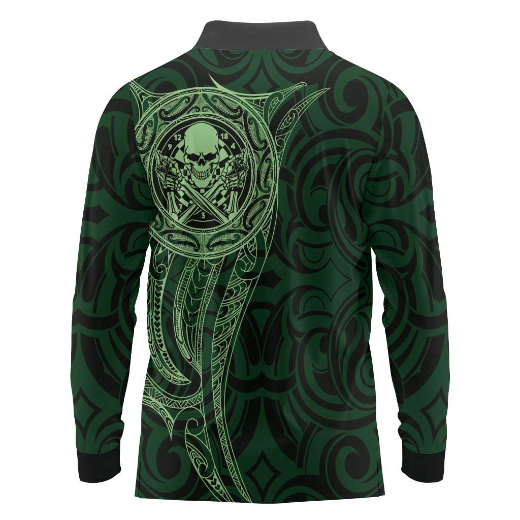 New Zealand Skull Darts Long Sleeve Polo Shirt Aotearoa Maori Chest Tattoo Stylized Green - Polynesian Pride