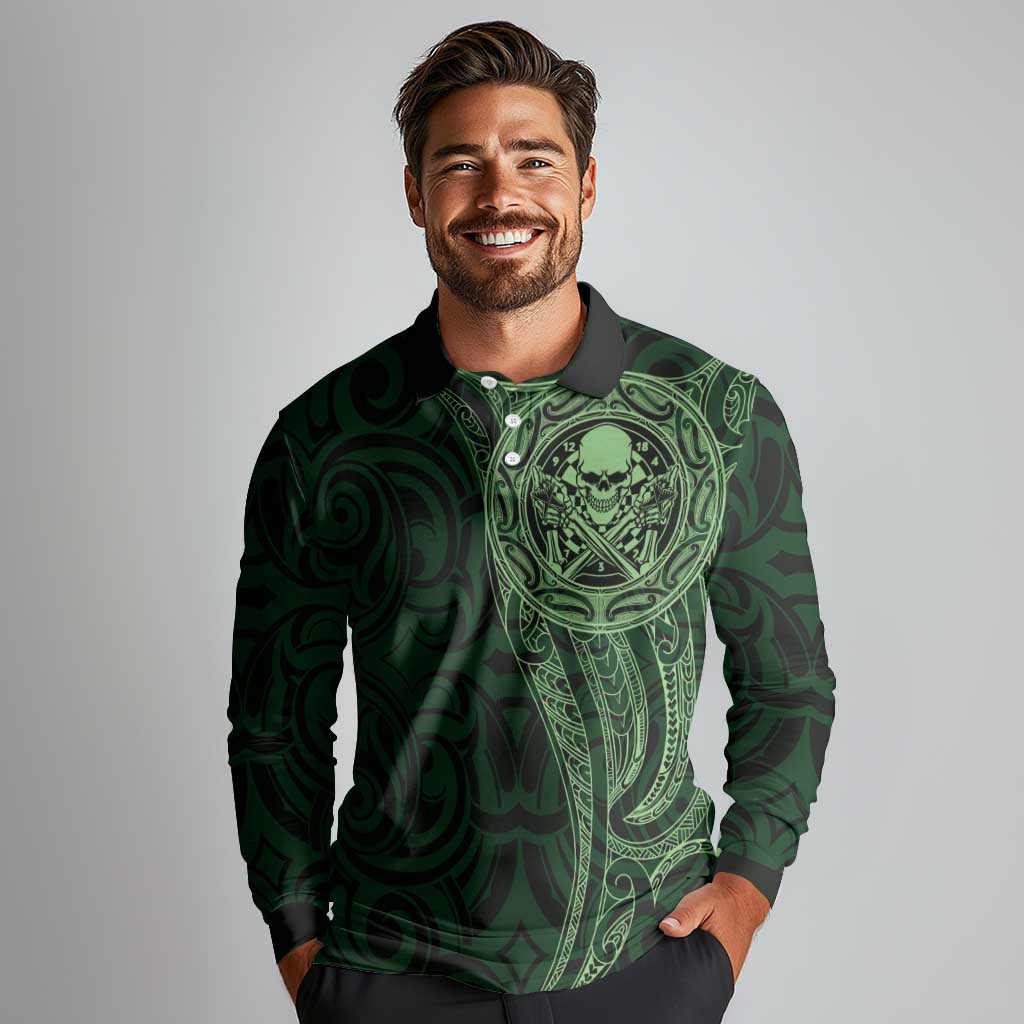 New Zealand Skull Darts Long Sleeve Polo Shirt Aotearoa Maori Chest Tattoo Stylized Green - Polynesian Pride