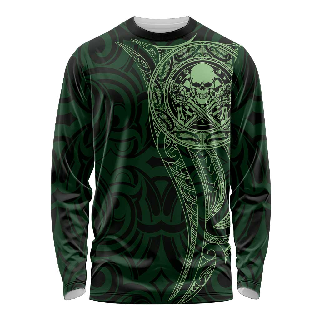 New Zealand Skull Darts Long Sleeve Shirt Aotearoa Maori Chest Tattoo Stylized Green - Polynesian Pride
