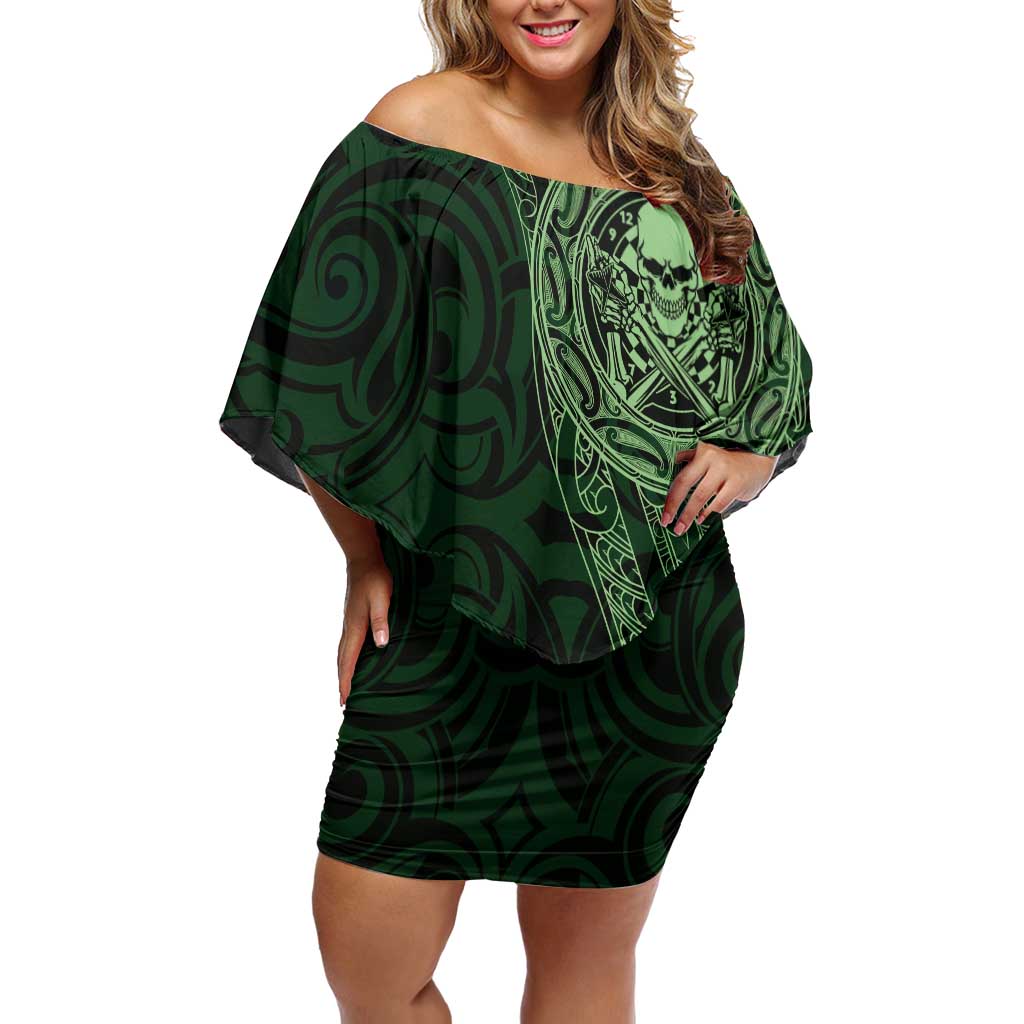 New Zealand Skull Darts Off Shoulder Short Dress Aotearoa Maori Chest Tattoo Stylized Green - Polynesian Pride