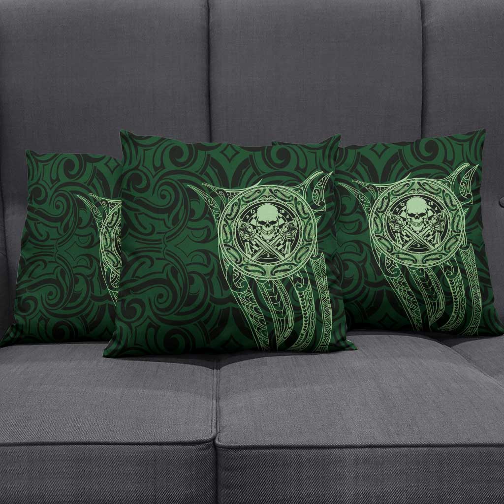 New Zealand Skull Darts Pillow Cover Aotearoa Maori Chest Tattoo Stylized Green - Polynesian Pride