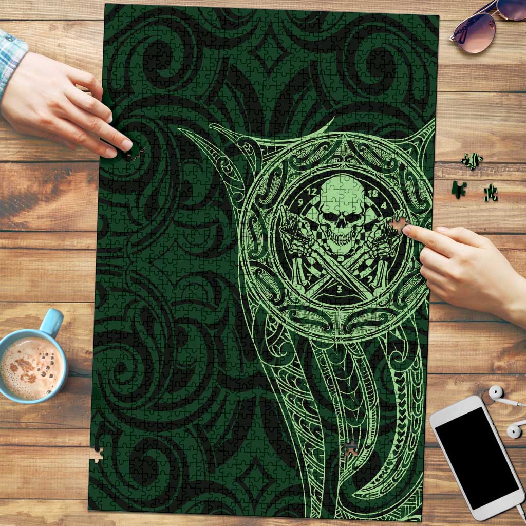 New Zealand Skull Darts Puzzle Aotearoa Maori Chest Tattoo Stylized Green - Polynesian Pride