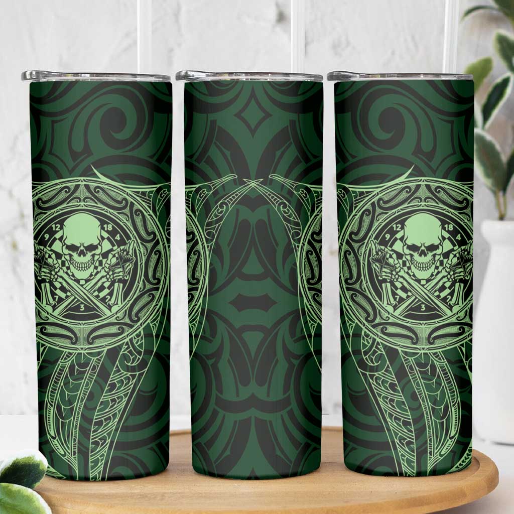 New Zealand Skull Darts Skinny Tumbler Aotearoa Maori Chest Tattoo Stylized Green - Polynesian Pride