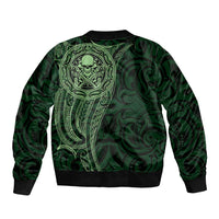 New Zealand Skull Darts Sleeve Zip Bomber Jacket Aotearoa Maori Chest Tattoo Stylized Green - Polynesian Pride