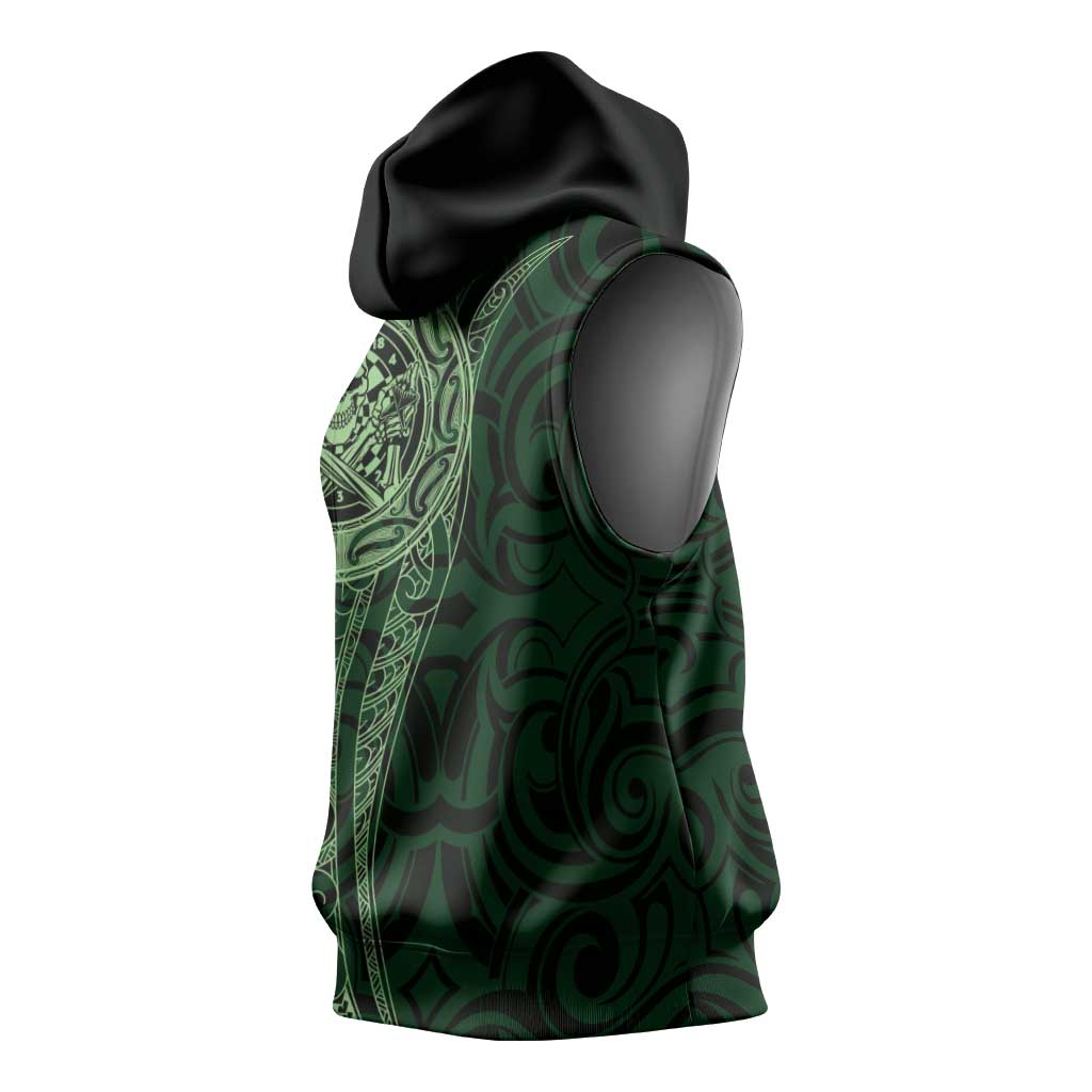 New Zealand Skull Darts Sleeveless Hoodie Aotearoa Maori Chest Tattoo Stylized Green - Polynesian Pride