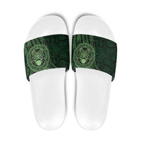 New Zealand Skull Darts Slide Sandals Aotearoa Maori Chest Tattoo Stylized Green - Polynesian Pride