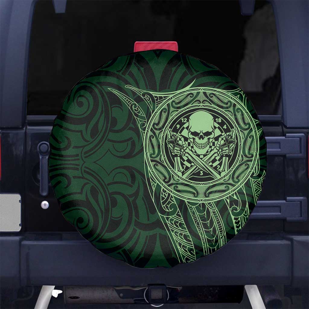 New Zealand Skull Darts Spare Tire Cover Aotearoa Maori Chest Tattoo Stylized Green - Polynesian Pride