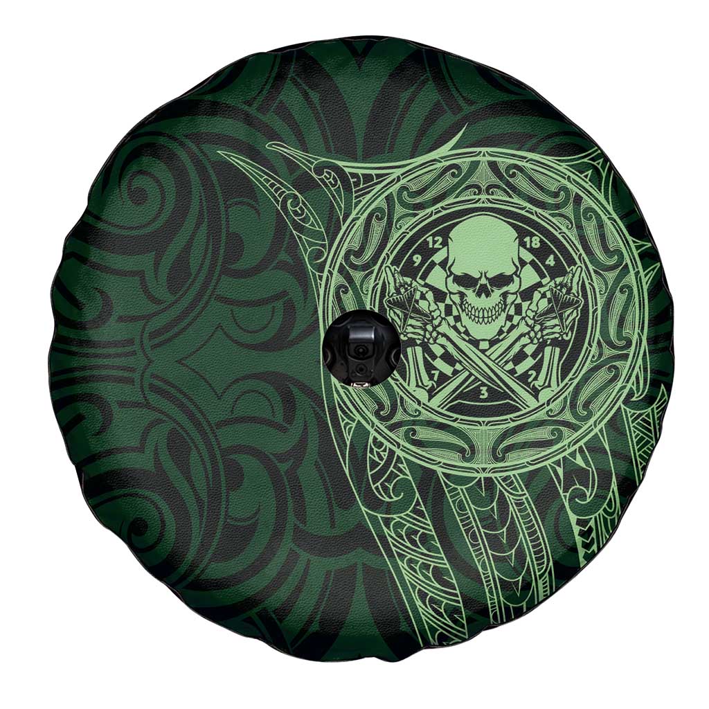 New Zealand Skull Darts Spare Tire Cover Aotearoa Maori Chest Tattoo Stylized Green - Polynesian Pride