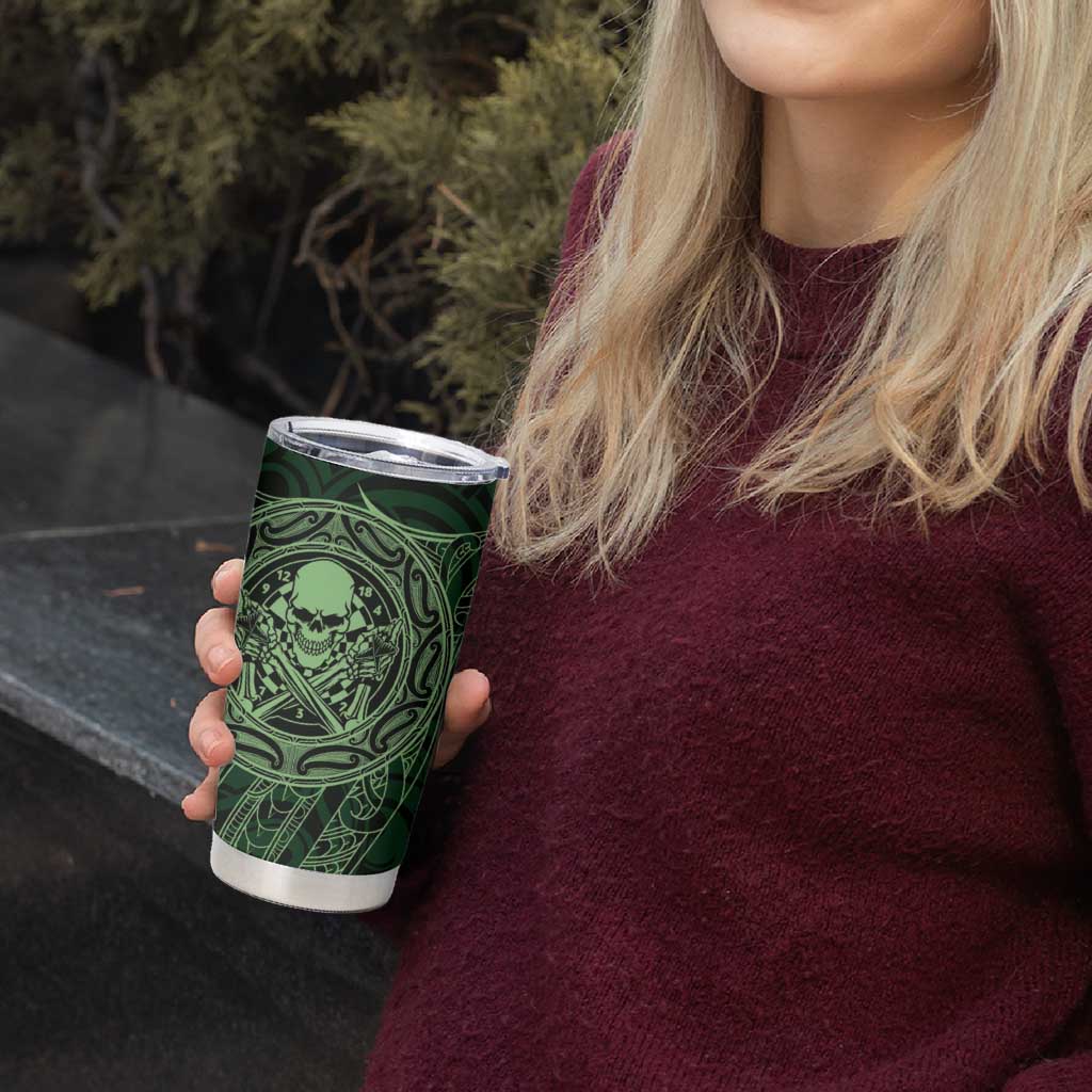 New Zealand Skull Darts Tumbler Cup Aotearoa Maori Chest Tattoo Stylized Green - Polynesian Pride