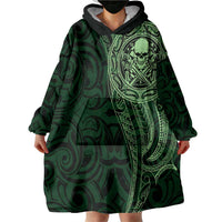 New Zealand Skull Darts Wearable Blanket Hoodie Aotearoa Maori Chest Tattoo Stylized Green - Polynesian Pride