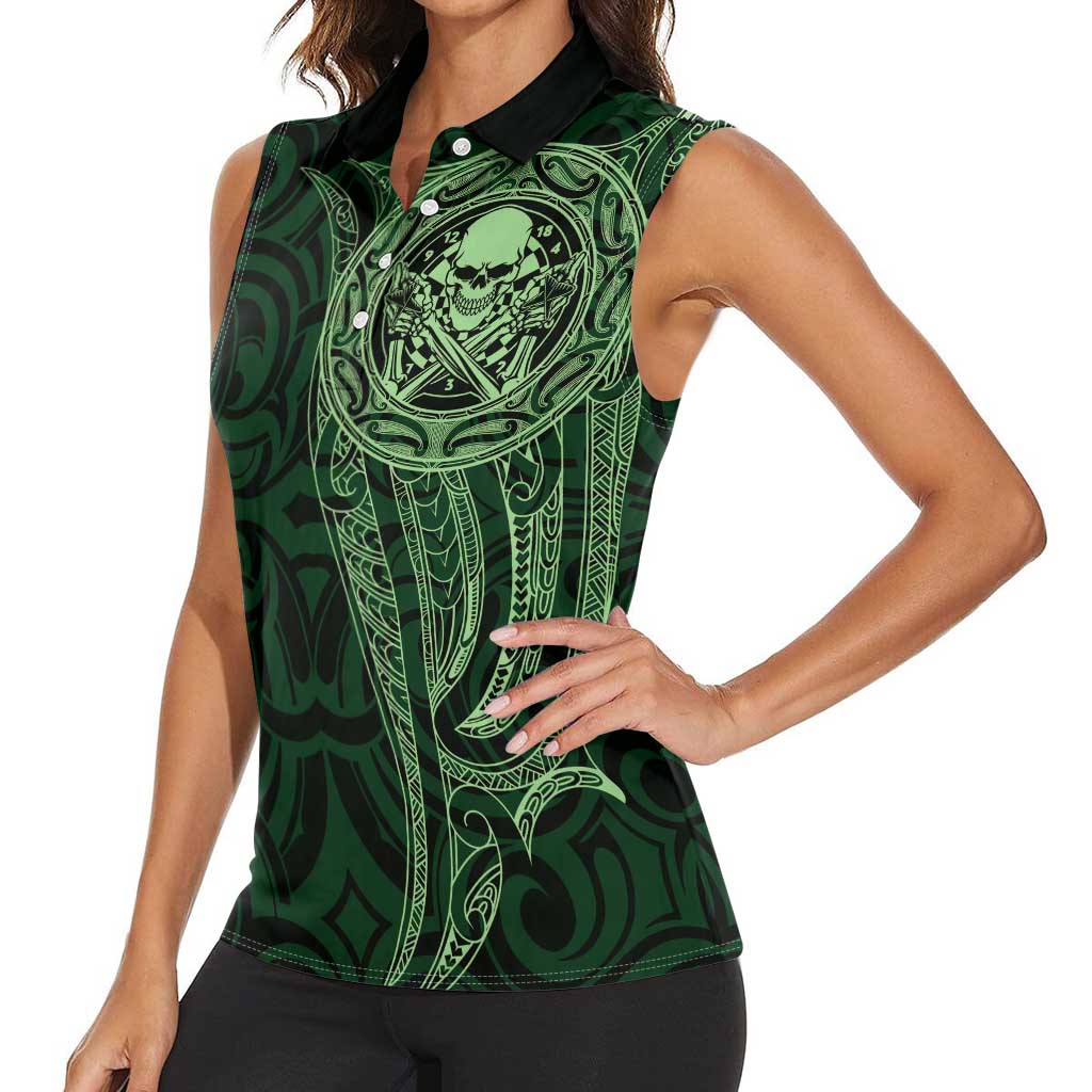New Zealand Skull Darts Women Sleeveless Polo Shirt Aotearoa Maori Chest Tattoo Stylized Green - Polynesian Pride