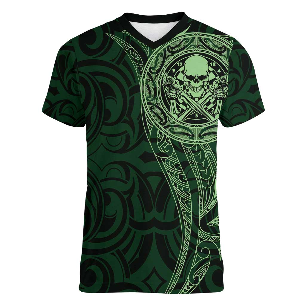 New Zealand Skull Darts Women V-Neck T-Shirt Aotearoa Maori Chest Tattoo Stylized Green - Polynesian Pride