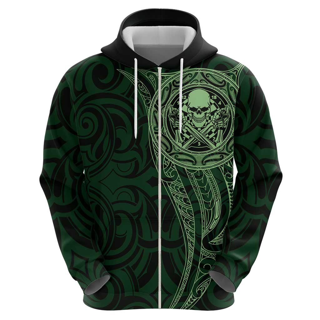 New Zealand Skull Darts Zip Hoodie Aotearoa Maori Chest Tattoo Stylized Green - Polynesian Pride