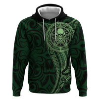 New Zealand Skull Darts Zip Hoodie Aotearoa Maori Chest Tattoo Stylized Green - Polynesian Pride