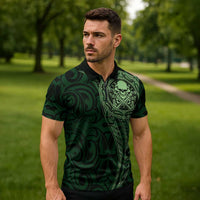 New Zealand Skull Darts Zipper Polo Shirt Aotearoa Maori Chest Tattoo Stylized Green - Polynesian Pride