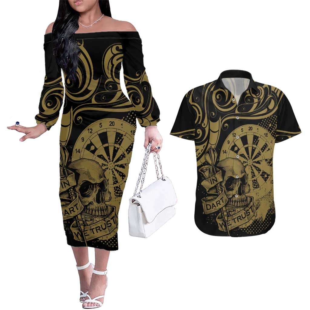 New Zealand Darts Couples Matching Off The Shoulder Long Sleeve Dress and Hawaiian Shirt Skull In Dart We Trust Maori Pattern - Polynesian Pride