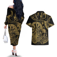 New Zealand Darts Couples Matching Off The Shoulder Long Sleeve Dress and Hawaiian Shirt Skull In Dart We Trust Maori Pattern - Polynesian Pride