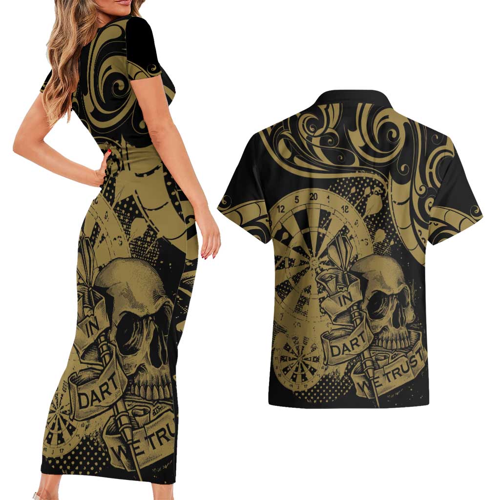New Zealand Darts Couples Matching Short Sleeve Bodycon Dress and Hawaiian Shirt Skull In Dart We Trust Maori Pattern - Polynesian Pride