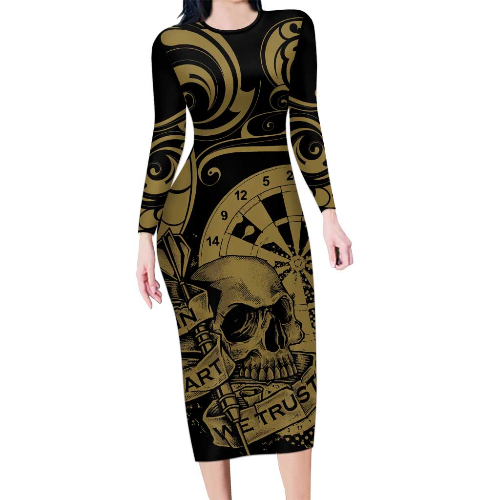 New Zealand Darts Family Matching Long Sleeve Bodycon Dress and Hawaiian Shirt Skull In Dart We Trust Maori Pattern LT14 Mom's Dress Gold - Polynesian Pride
