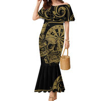 New Zealand Darts Family Matching Mermaid Dress and Hawaiian Shirt Skull In Dart We Trust Maori Pattern LT14 Mom's Dress Gold - Polynesian Pride