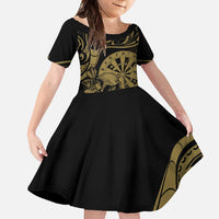 New Zealand Darts Family Matching Short Sleeve Bodycon Dress and Hawaiian Shirt Skull In Dart We Trust Maori Pattern LT14 Daughter's Dress Gold - Polynesian Pride