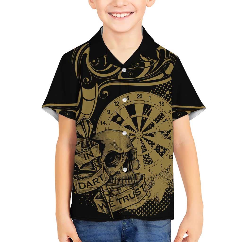 New Zealand Darts Family Matching Short Sleeve Bodycon Dress and Hawaiian Shirt Skull In Dart We Trust Maori Pattern LT14 Son's Shirt Gold - Polynesian Pride