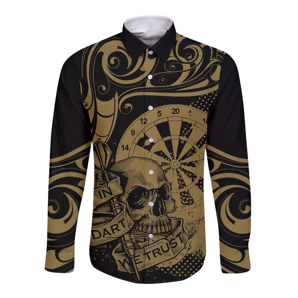 New Zealand Darts Long Sleeve Button Shirt Skull In Dart We Trust Maori Pattern - Polynesian Pride
