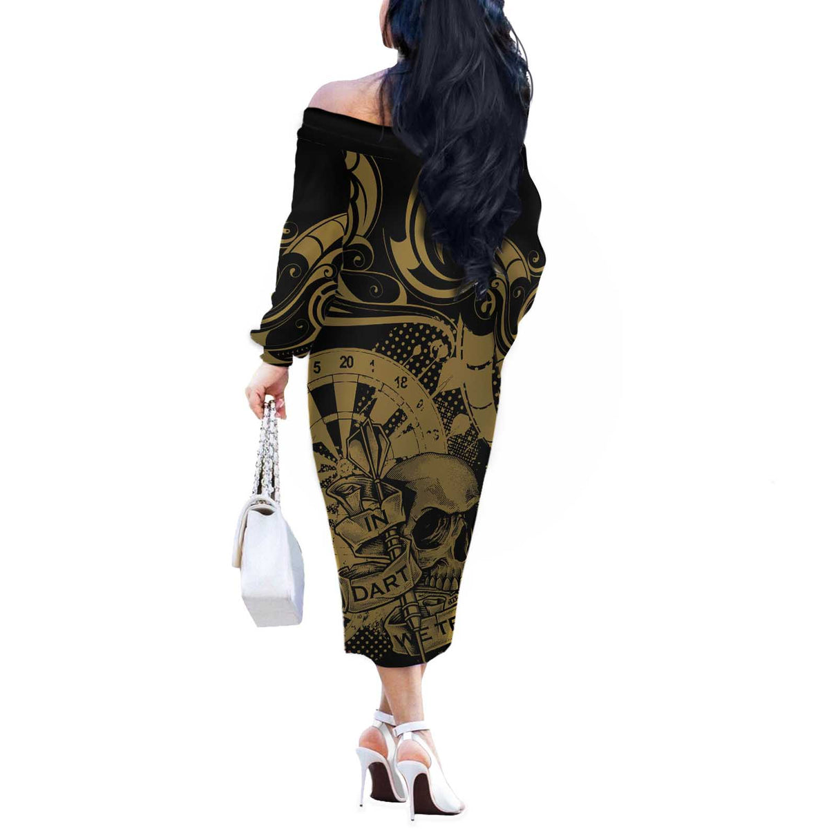New Zealand Darts Off The Shoulder Long Sleeve Dress Skull In Dart We Trust Maori Pattern - Polynesian Pride
