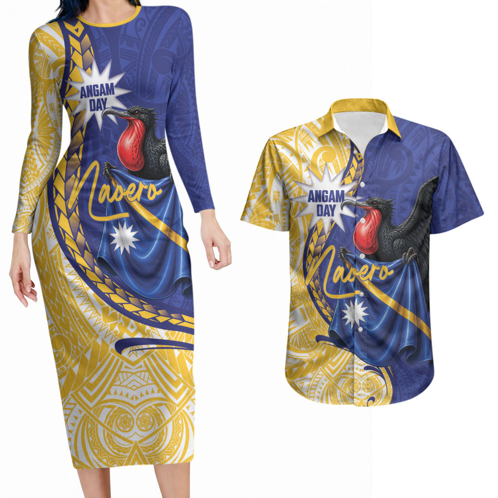 Personalised Nauru Angam Day Couples Matching Long Sleeve Bodycon Dress and Hawaiian Shirt Naoero Frigatebird With Flag Proud