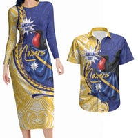 Personalised Nauru Angam Day Couples Matching Long Sleeve Bodycon Dress and Hawaiian Shirt Naoero Frigatebird With Flag Proud