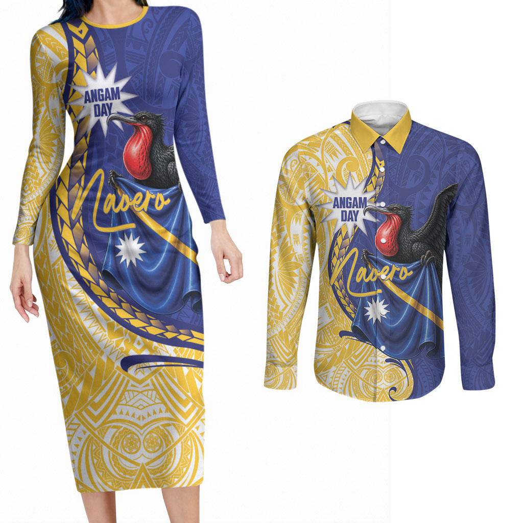 Personalised Nauru Angam Day Couples Matching Long Sleeve Bodycon Dress and Long Sleeve Button Shirt Naoero Frigatebird With Flag Proud