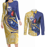Personalised Nauru Angam Day Couples Matching Long Sleeve Bodycon Dress and Long Sleeve Button Shirt Naoero Frigatebird With Flag Proud