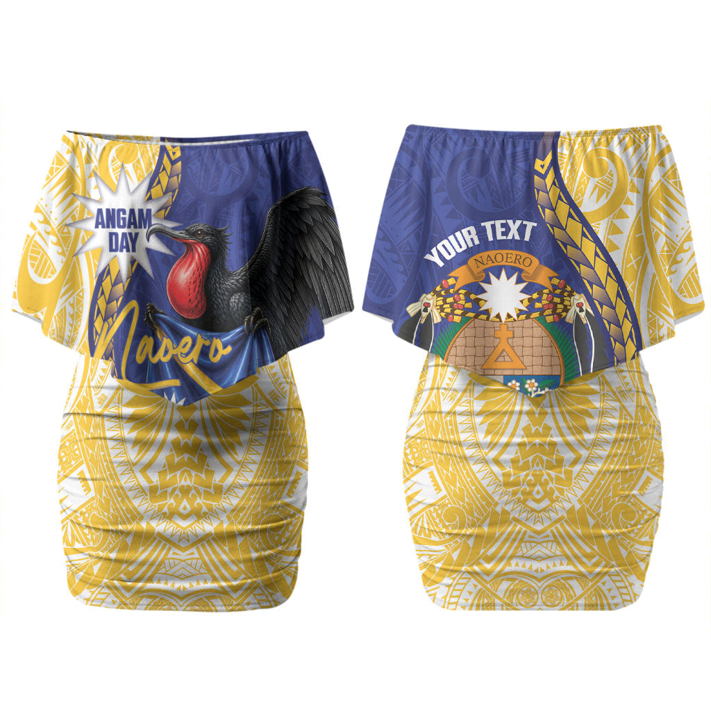 Personalised Nauru Angam Day Couples Matching Off Shoulder Short Dress and Hawaiian Shirt Naoero Frigatebird With Flag Proud