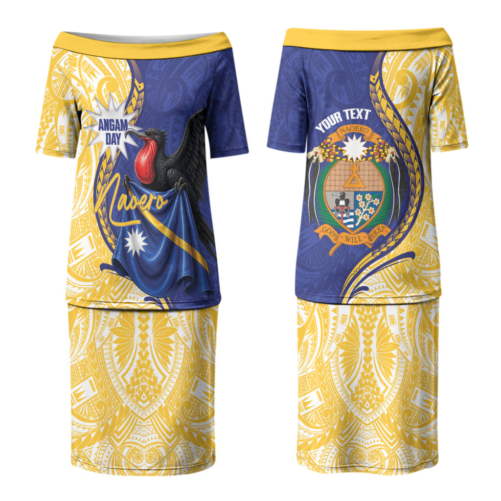 Personalised Nauru Angam Day Couples Matching Puletasi and Long Sleeve Button Shirt Naoero Frigatebird With Flag Proud