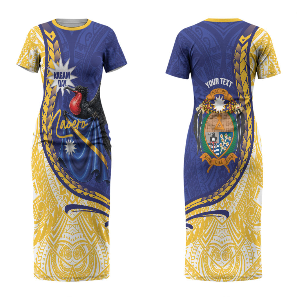 Personalised Nauru Angam Day Couples Matching Short Sleeve Bodycon Dress and Long Sleeve Button Shirt Naoero Frigatebird With Flag Proud