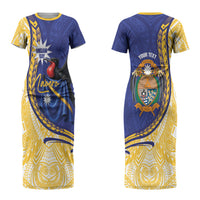 Personalised Nauru Angam Day Couples Matching Short Sleeve Bodycon Dress and Long Sleeve Button Shirt Naoero Frigatebird With Flag Proud