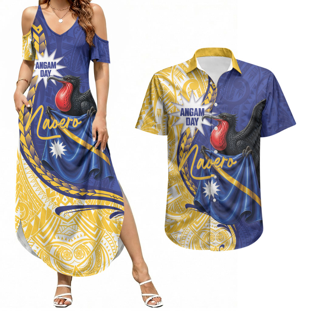 Personalised Nauru Angam Day Couples Matching Summer Maxi Dress and Hawaiian Shirt Naoero Frigatebird With Flag Proud