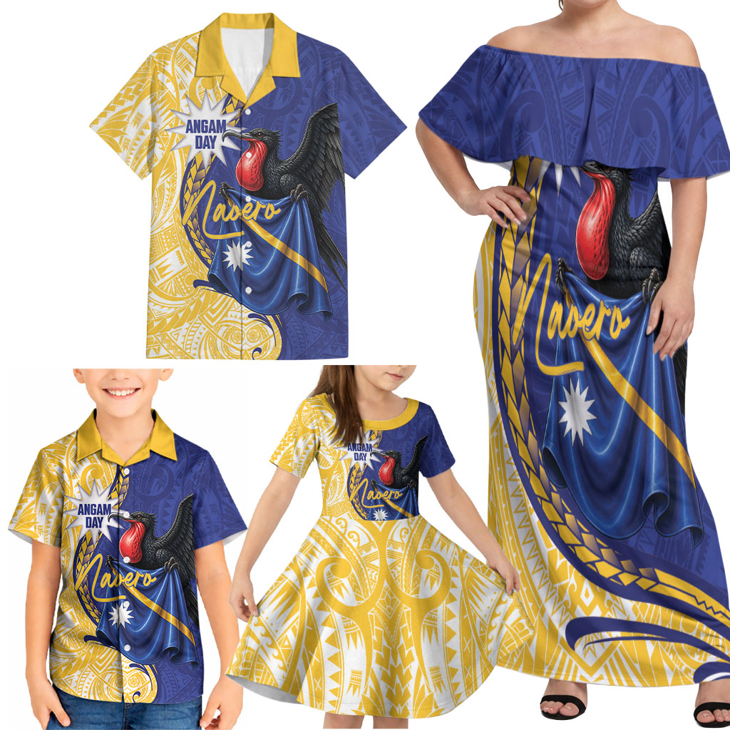 Personalised Nauru Angam Day Family Matching Off Shoulder Maxi Dress and Hawaiian Shirt Naoero Frigatebird With Flag Proud
