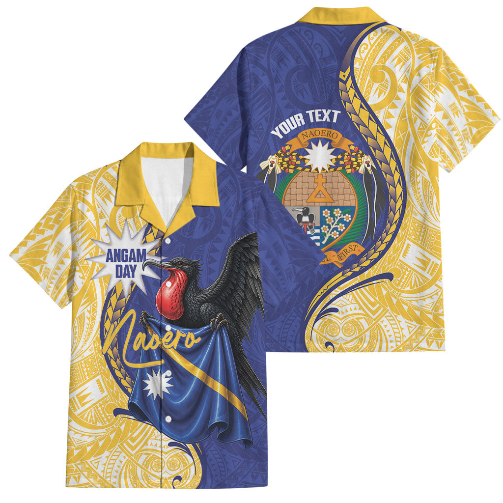 Personalised Nauru Angam Day Family Matching Off Shoulder Maxi Dress and Hawaiian Shirt Naoero Frigatebird With Flag Proud